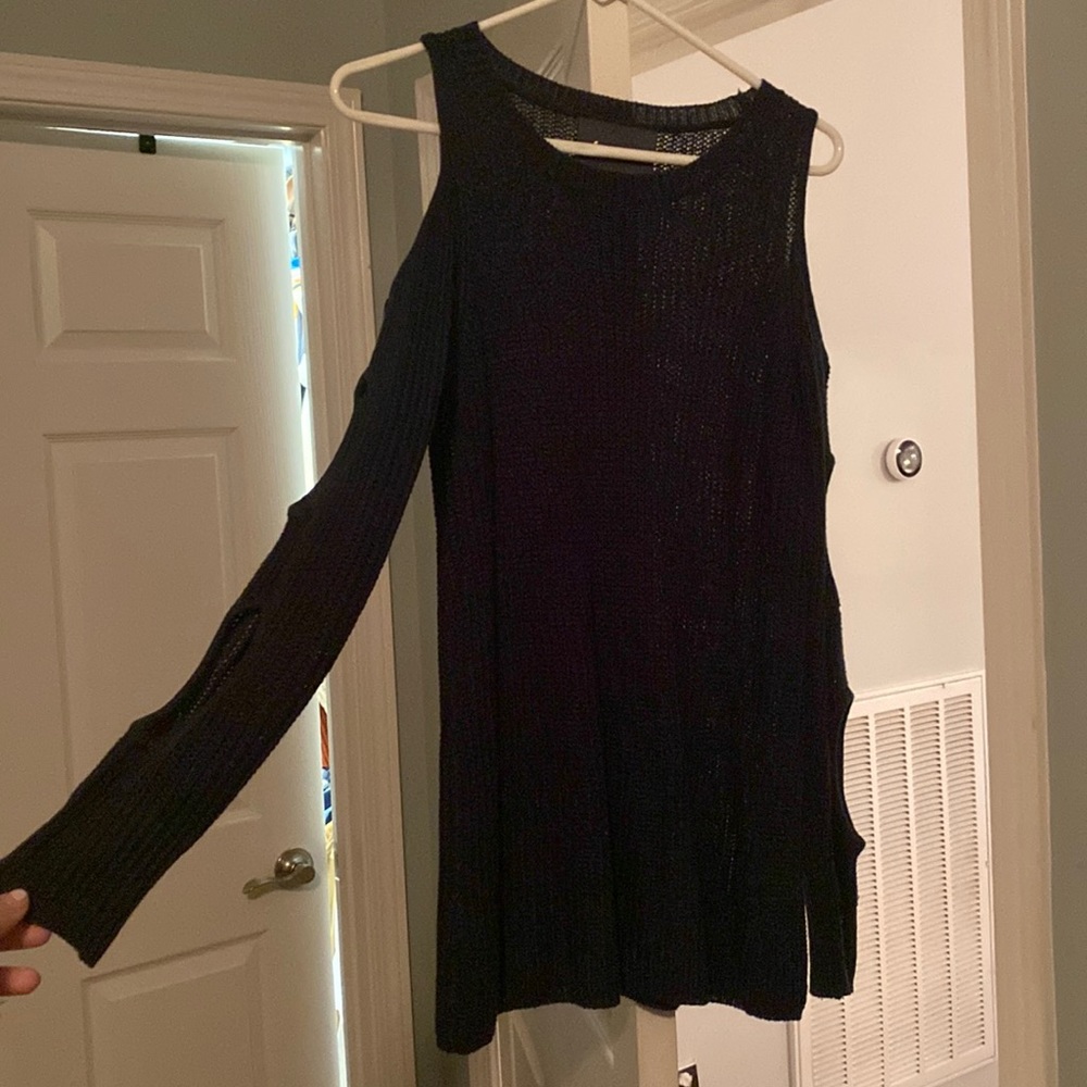 Dark green, cold shoulder sweater with eyehole openings down the sleeves - MED